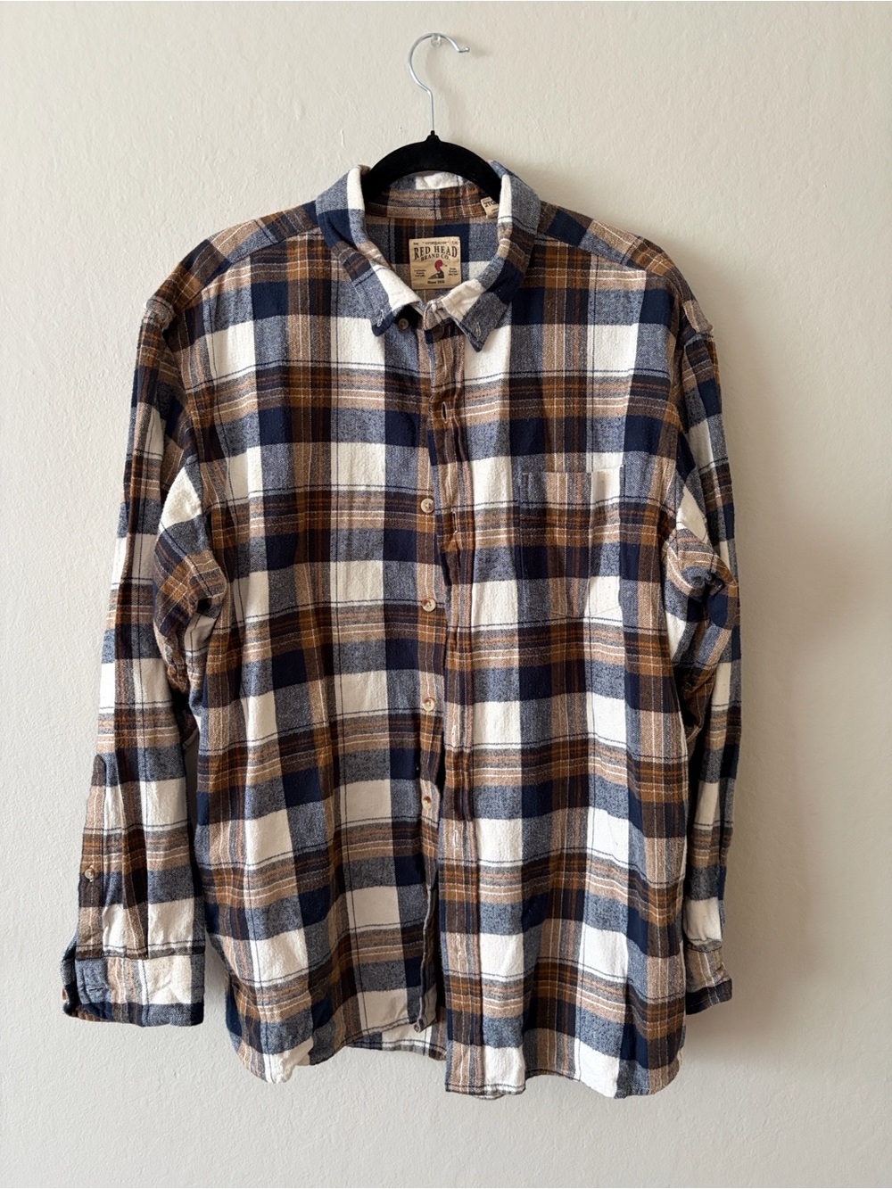 RedHead Men's Navy, Brown & White Plaid Flannel Button-Down Shirt